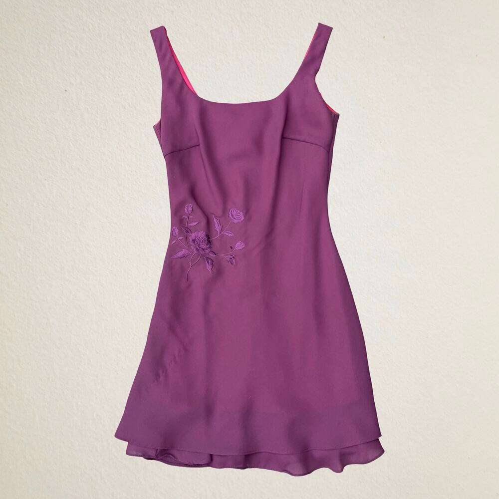 Vintage 90s purple floral embroidered mini dress, layered skirt, fairycore boho